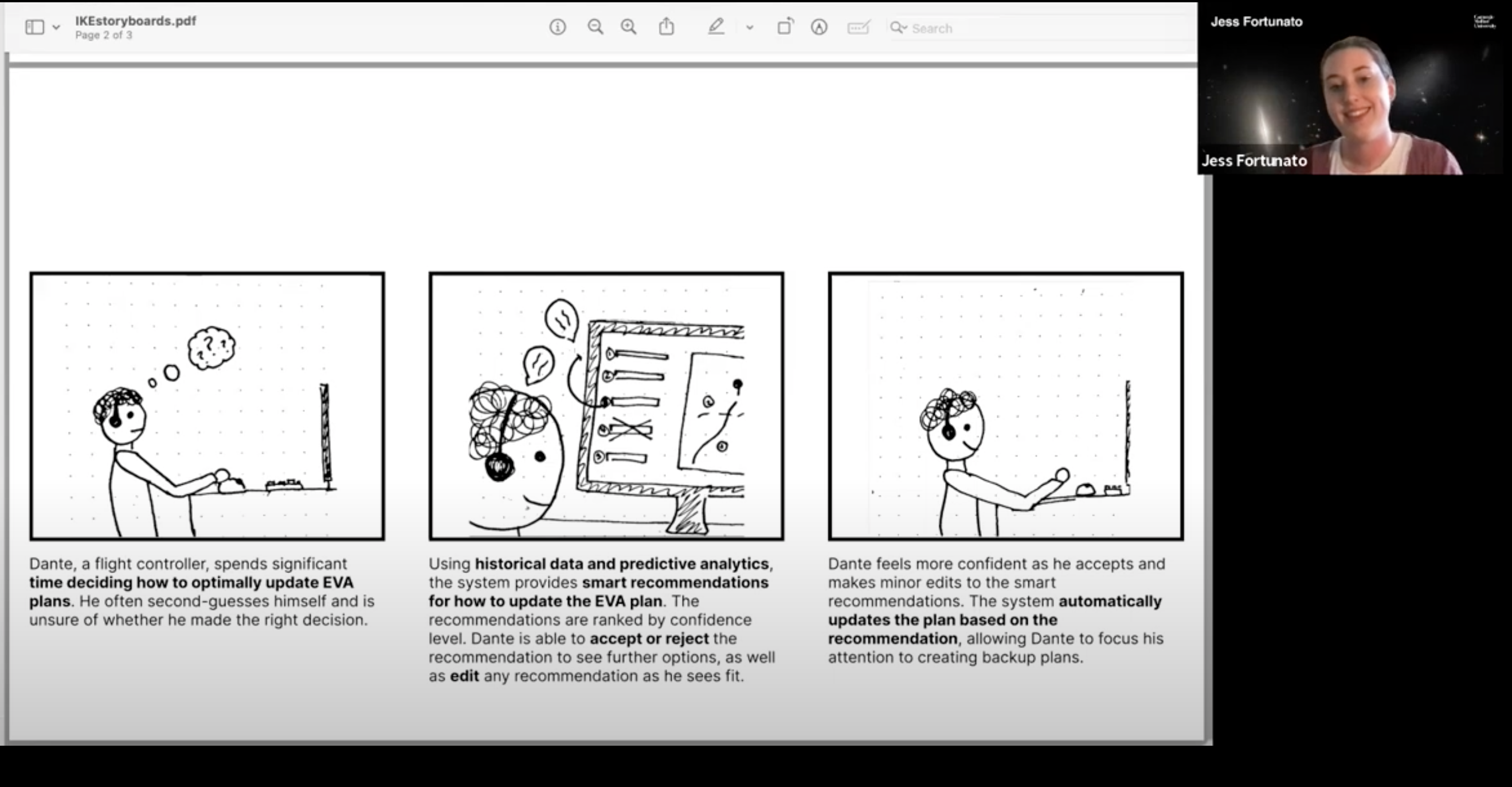 Product designer conducting an expert interview using storyboarding to understand EVA planning and decision-making.