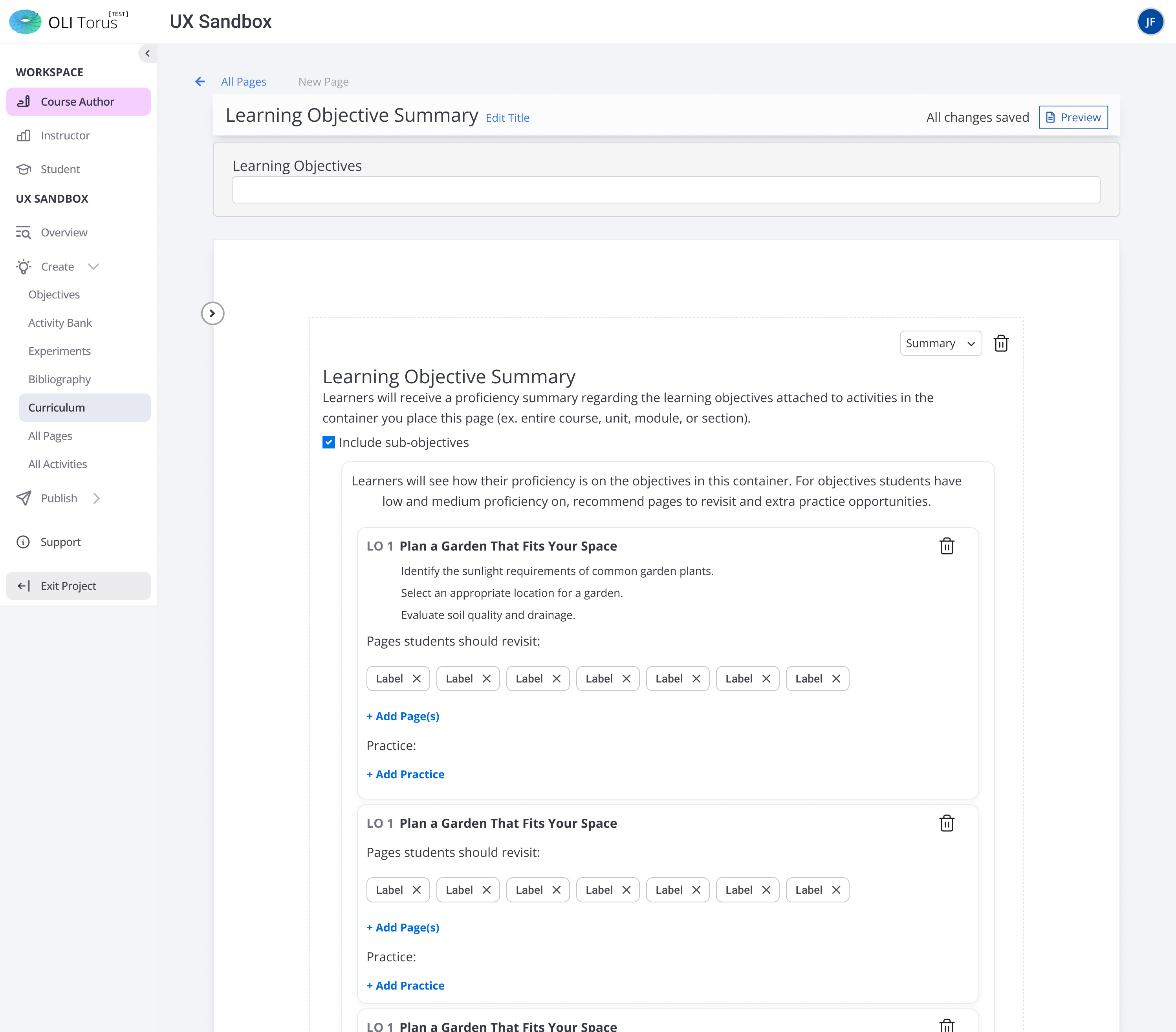 Torus authoring interface for inserting and configuring student learning objective experiences.