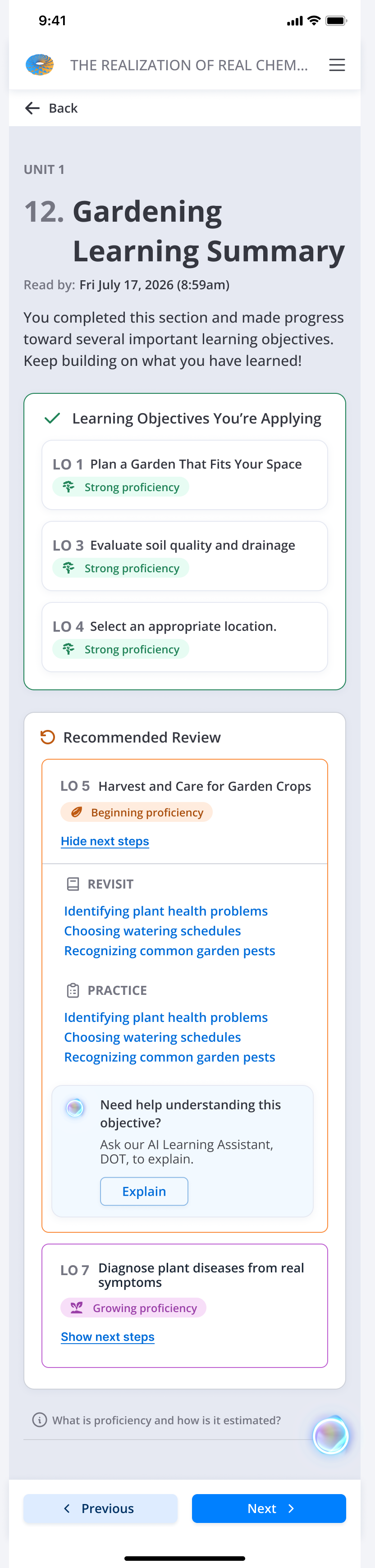 Mobile Learning Summary showing learning objectives being applied and recommended review with next steps.