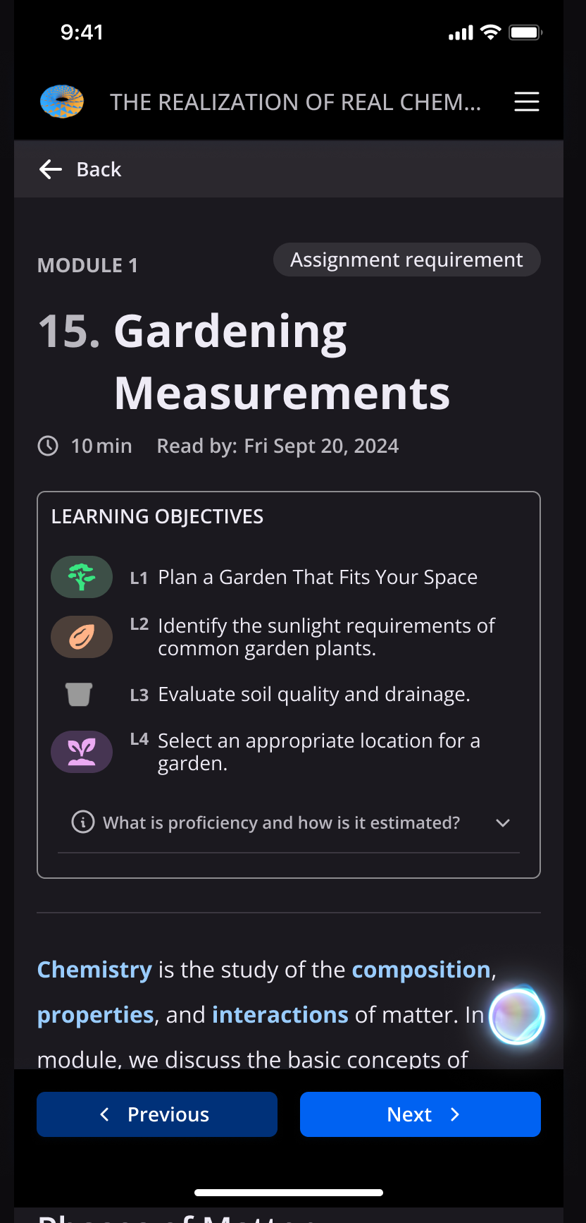 Mobile learning objective component with the proficiency explanation collapsed.