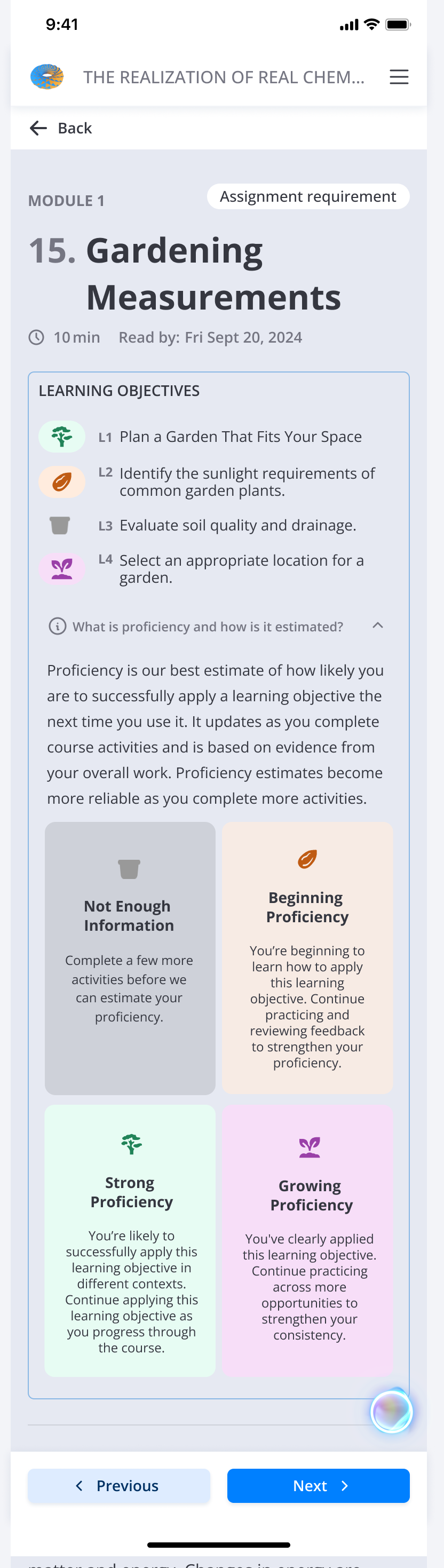 Expanded mobile proficiency explanation showing Not Enough Information, Beginning, Growing, and Strong Proficiency.