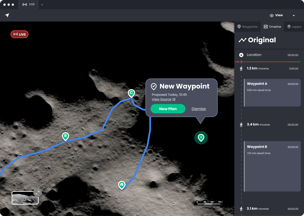 ASTRA live monitoring interface showing astronaut progress and deviations from the planned route.