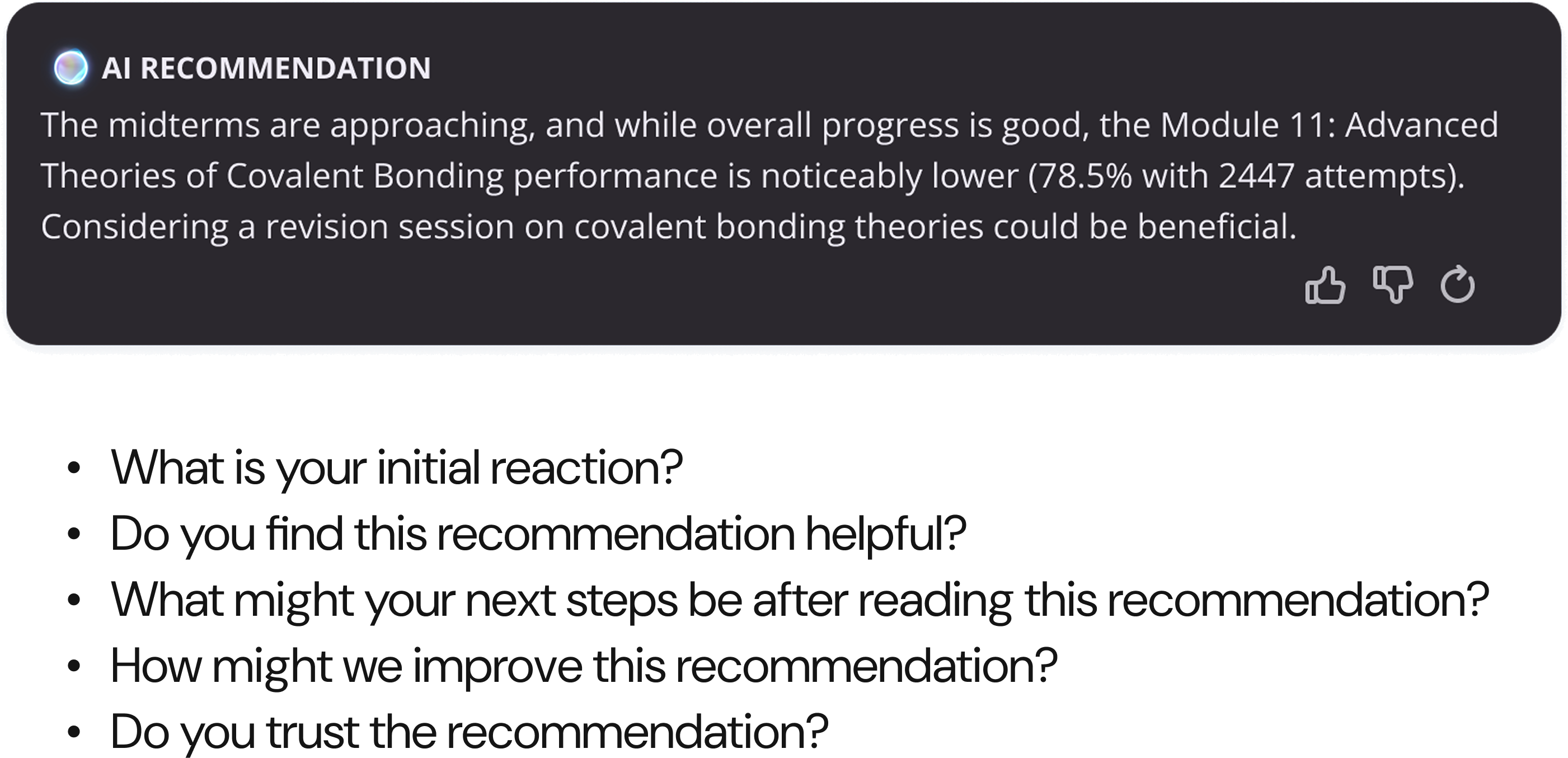AI recommendation proof of concept used to evaluate recommendation scenarios before implementation.