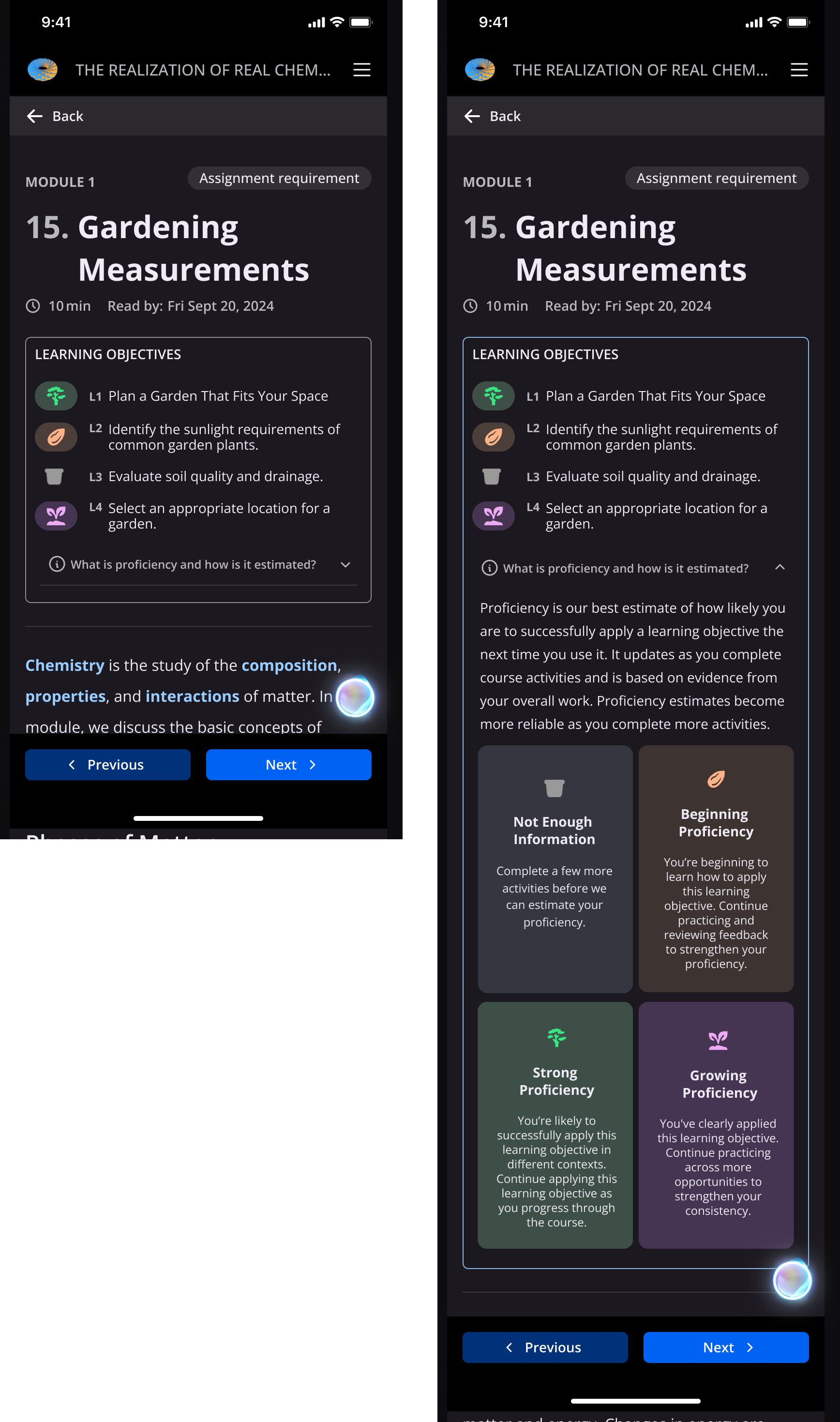 Design iteration showing how the student proficiency experience changed following design and usability testing.